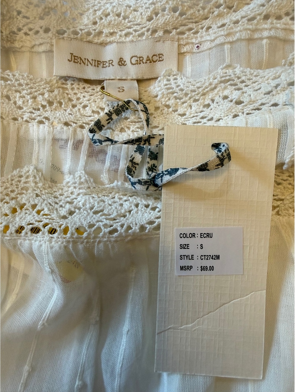 Jennifer & Grace White Crochet Lace Boho Blouse Size S 100% Cotton Cottagecore - Picture 4 of 5
